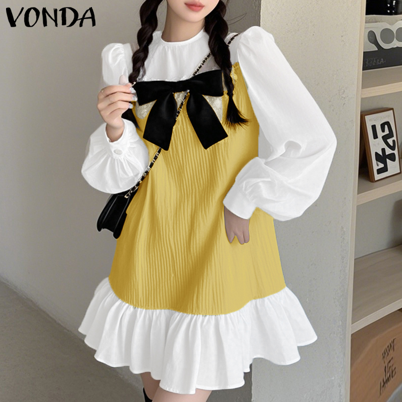 VONDA%20Women's%20Fashion%20Crew%20Neck%20Bowknot%20Contrast%20Dress%20Sweet%20Bubble%20Sleeve%20Ruffle%20Girlish%20Dresses%20(Korean%20Floral)%20-%20Image%203