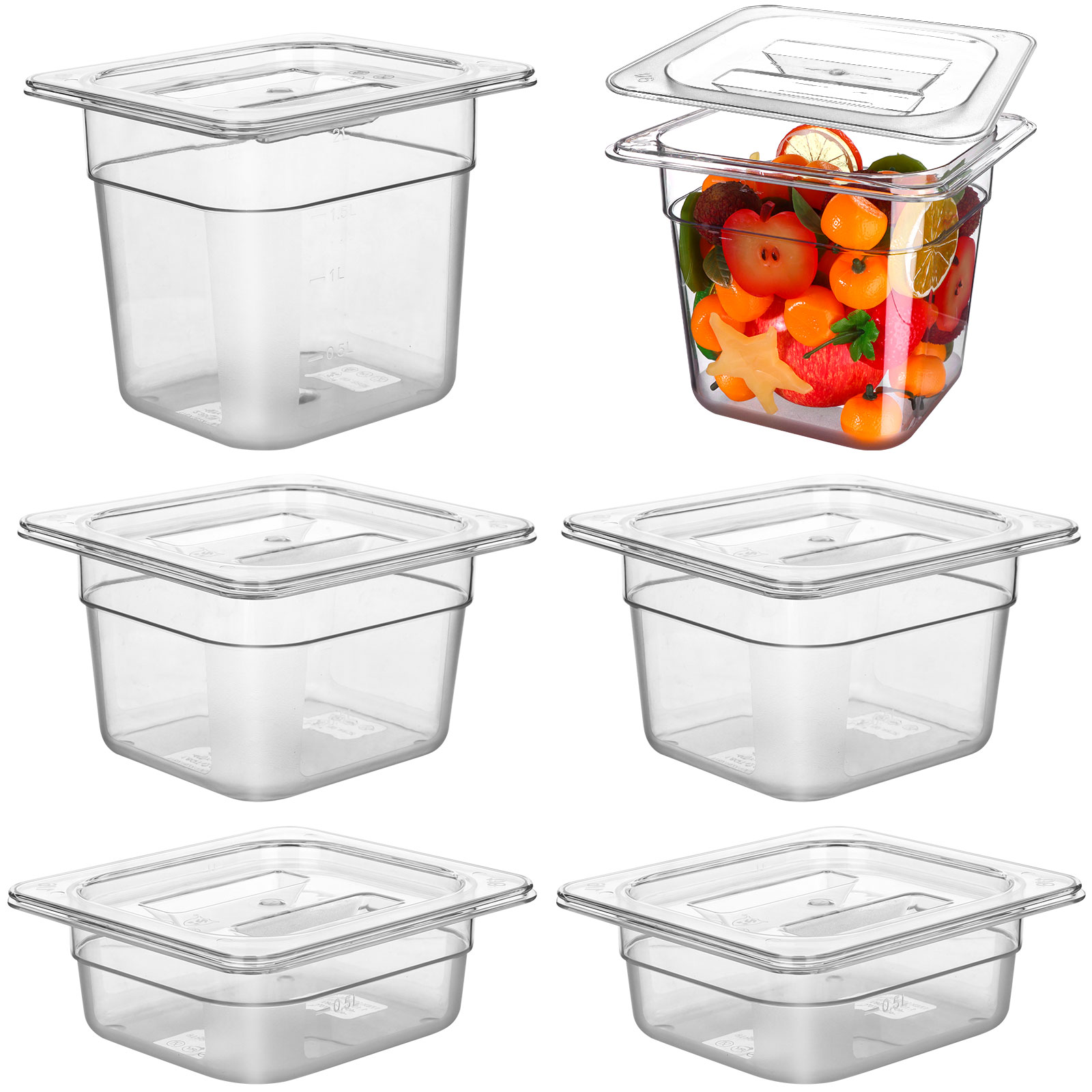 6 Pack 1/6 Size Clear Food Pans With Lids 2.5'' 4'' 6'' Deep Food ...