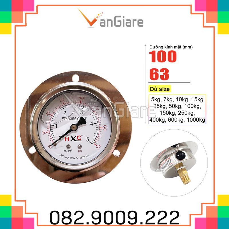 (Chân sau) Đồng hồ đo áp suất nước khí hơi, HXC 5kg 7kg 10kg 15kg 25kg 50kg 100kg 150kg 250kg 400kg
