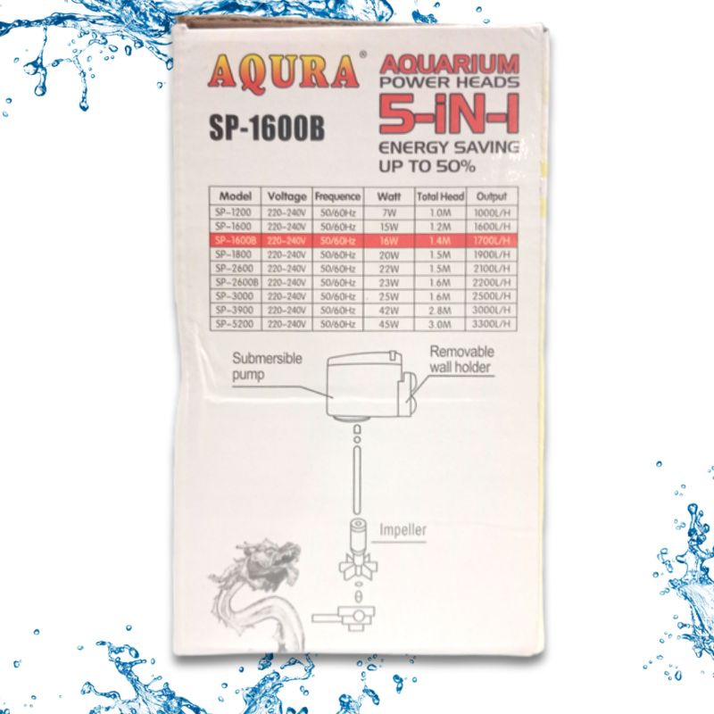 SUBMERSIBLE PUMP Pompa Aquarium Kolam AQURA 5IN1 SP 1600B