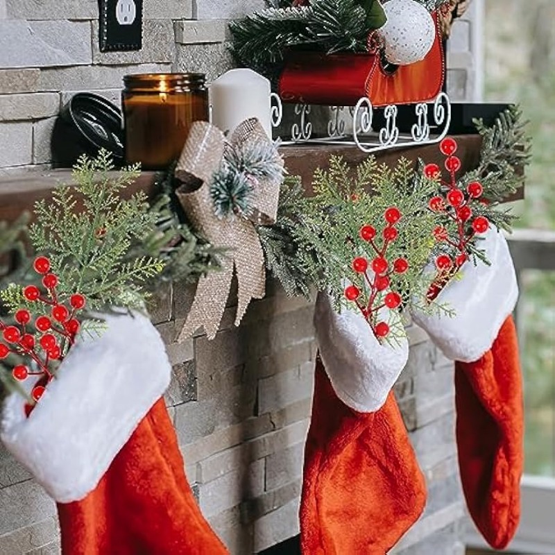 1PC Artificial Pine Leaves Branches with 8PCS Artificial Red Berry Stems Christmas Artificial Pine Branches Green Plants Pine Needles for DIY Christmas Garland Wreath Gift Decoration