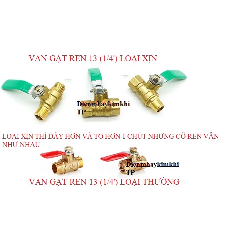 Van gạt khóa máy nén khí ren 1/4 loại ren 13mm, Van bi tay gạt đồng khóa mở khí nén chất liệu đồng thau