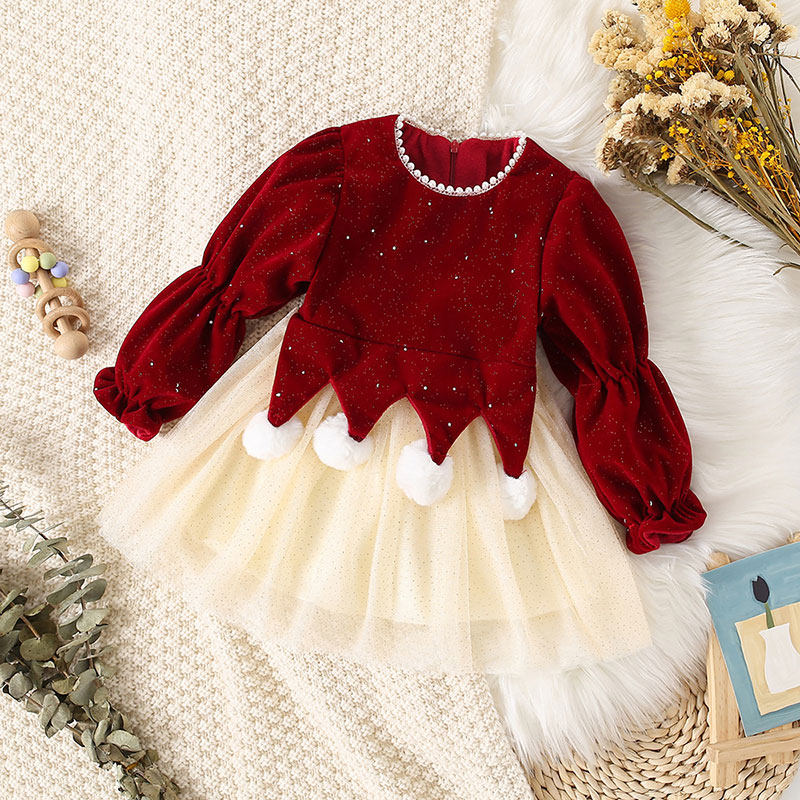 Joyncleon girl's dress baby red new year dress golden velvet princess yarn dress