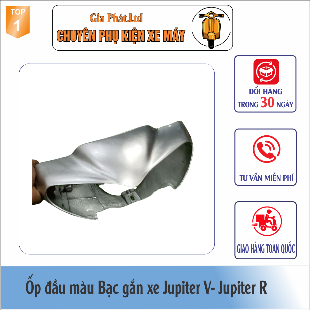 Combo ốp đầu đèn xe jupiter v, jupiter r màu bạc đầy đủ 3 món: ốp đầu, gáy đen và pha đèn kèm bóng