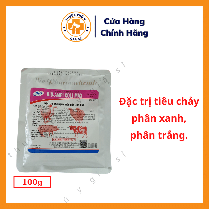 "Hoàn tiền đến 10%" Bio Ampi Coli Max 100g - Dùng Cho Các Bệnh Tiêu Hóa, Hô Hấp, Sưng Phù Đầu, Tụ Huyết Trùng - Thú Y Giá Sỉ
