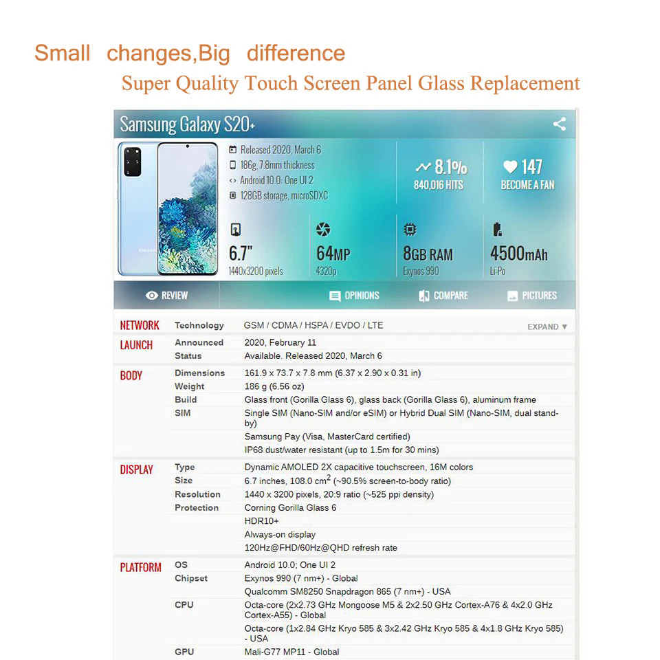 For Samsung Galaxy S20 Plus Ultra touch screen panel front outer LCD glass  with OCA glue replacement