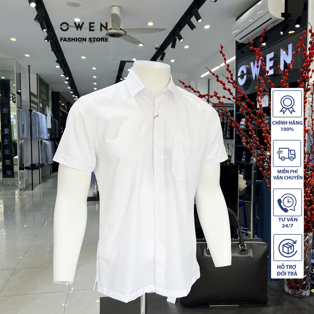 Áo sơ mi trắng owen cộc tay dáng bodyfit sợi recycle ab221642nt
