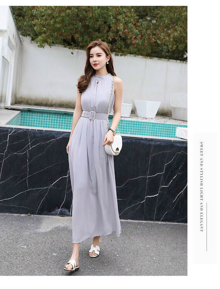 đầm dài váy đầm maxi xám- đen kèm nịt
