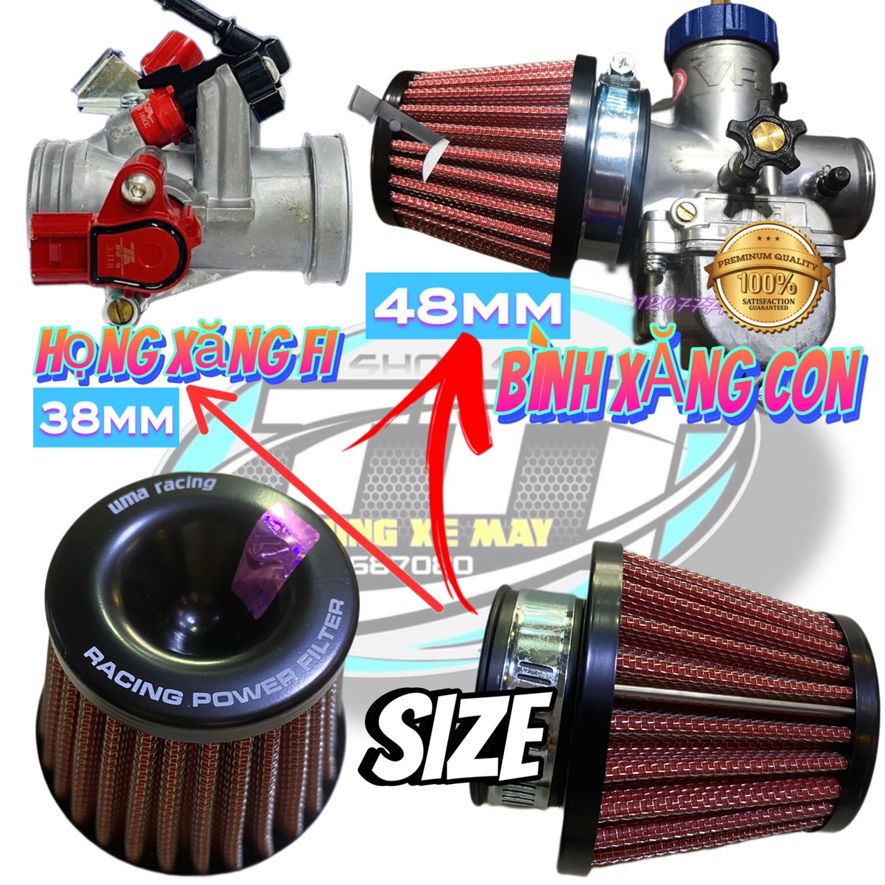 Lọc gió pô e UMA RACING HÀNG CHÍNH HÃNG ( Air Filter TRỤ Ú 35 - 38 - 48 MM  ) LZD-01
