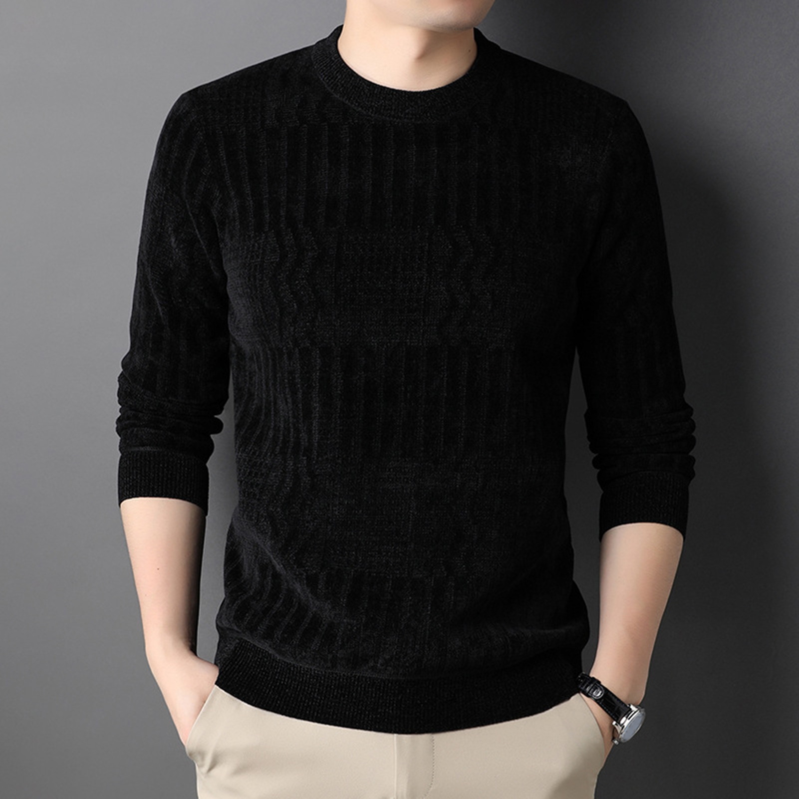 Tina Warmer, gemütlicher Herrenpullover, einfarbiger Herrenpullover, gemütlicher Strickpullover für Herren, warm, elastisch und Übergröße, perfekt für 21_voghion.com