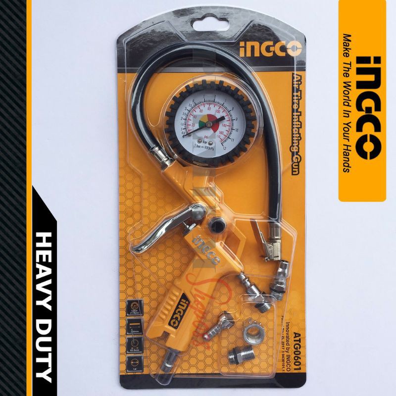 Súng bơm hơi tích hợp đồng hồ đo áp suất khí INGCO ATG0601 12bar bơm nén khí lốp xe đạp xe máy xe hơi hồ bơi nệm hơi