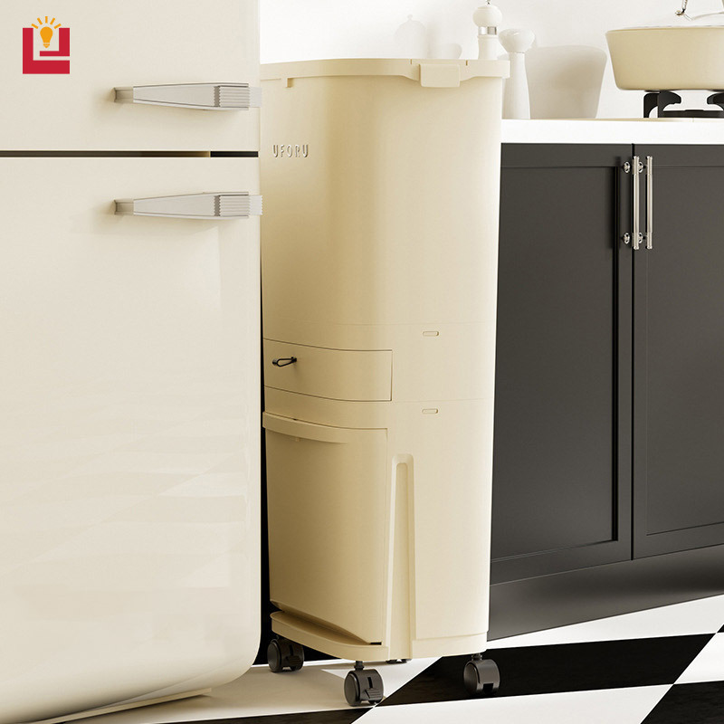 YONUO Kitchen trash can, household large press type, with pulley, cream wind, no bending, multi-layer dry and wet separation trash can