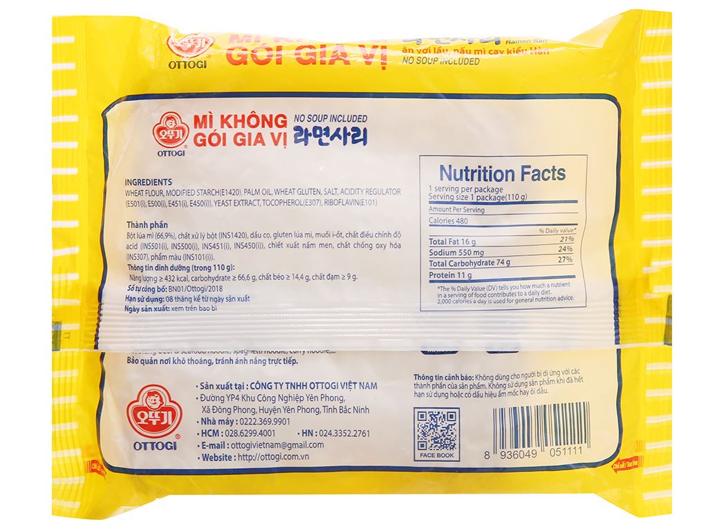 Mì không gói gia vị OttOgi gói 110g