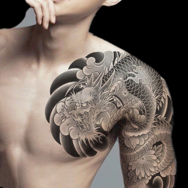 Hình xăm trước ngực cánh tay rồng nửa giáp dán không thấm nước lâu dài mô phỏng hình xăm không phản quang dán hai con rồng hí châu cắt đường