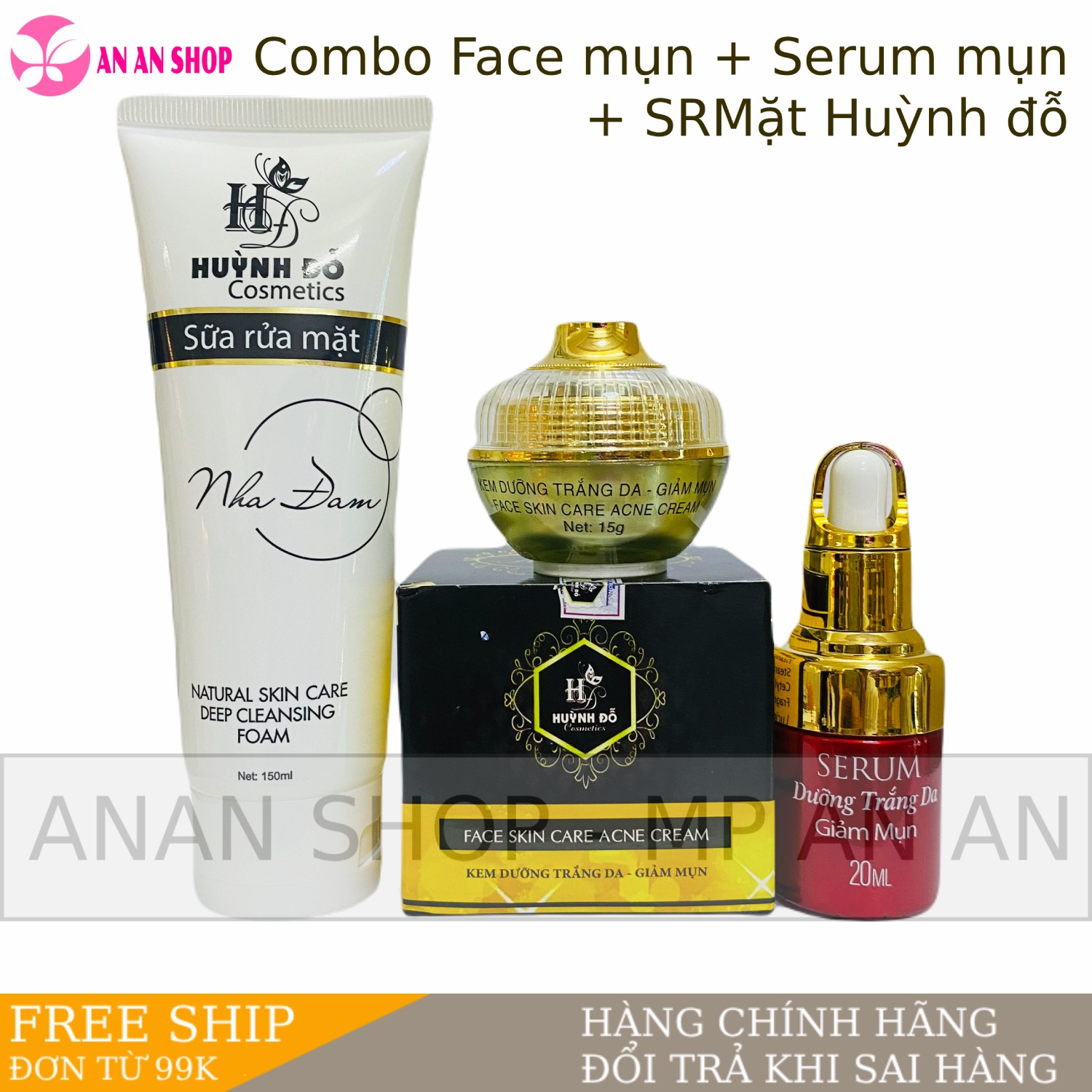 Combo kem face mụn huỳnh đỗ + serum mụn + sữa rửa mặt nha đam - mẫu mới 2023 chính hãng