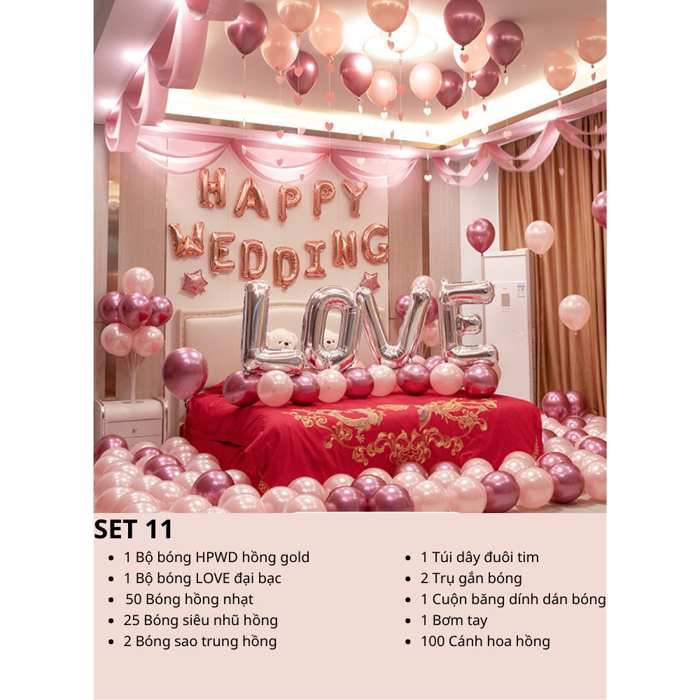 Set Bóng Bay Trang Trí Phòng Cưới [Tặng 100 cánh hoa hồng lụa]