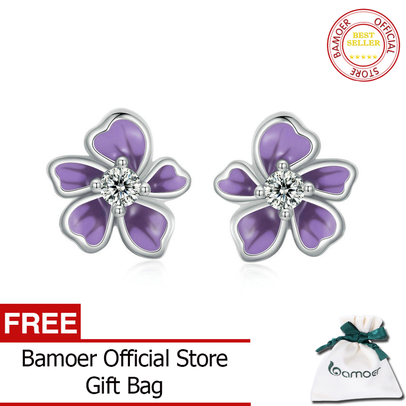 BAMOER Purple Flower Earrings for Women 925 Sterling Silver Cute Plumeria Cherry Blossom Hypoallergenic Stud Earrings For Girl SCE1686