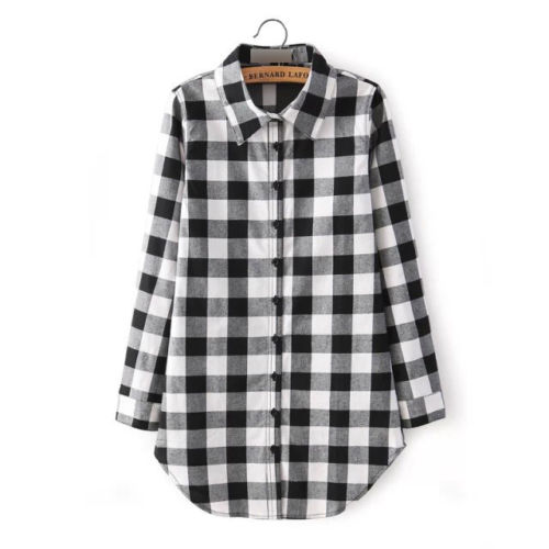 Women's Plaid Button Shirt Long Sleeve Stand Up Collar Blouse Casual Slim Fit Top