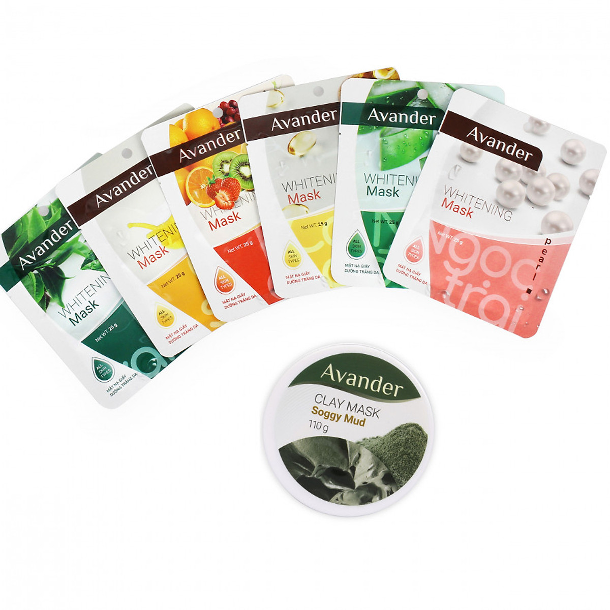 Combo 7 mặt nạ avander : 1 hũ mặt nạ đất sét bùn non + 6 mặt na giấy trà xanh, ngọc trai, nha đam, trái cây, ốc sên, collagen