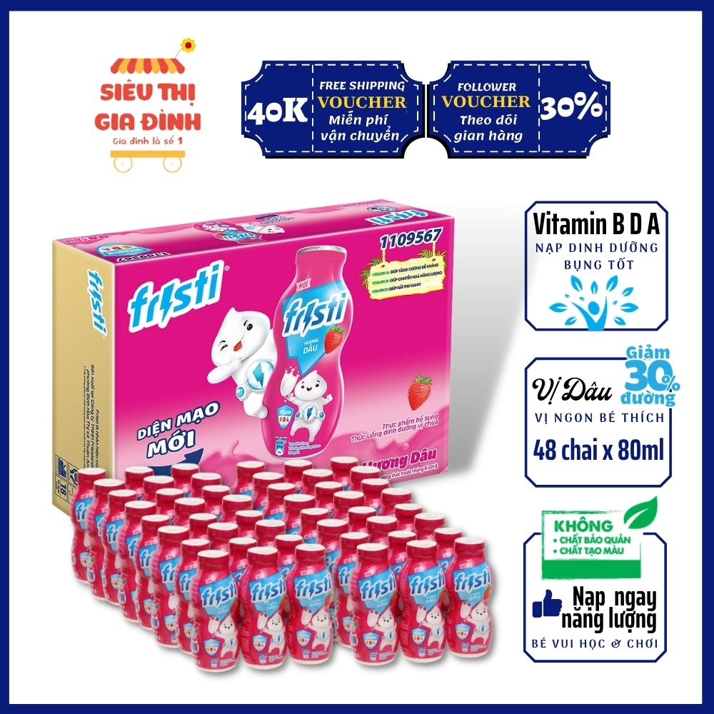 Thùng sữa chua uống, sữa chua cho bé Fristi 80ml hương dâu chứa vitamin ADB