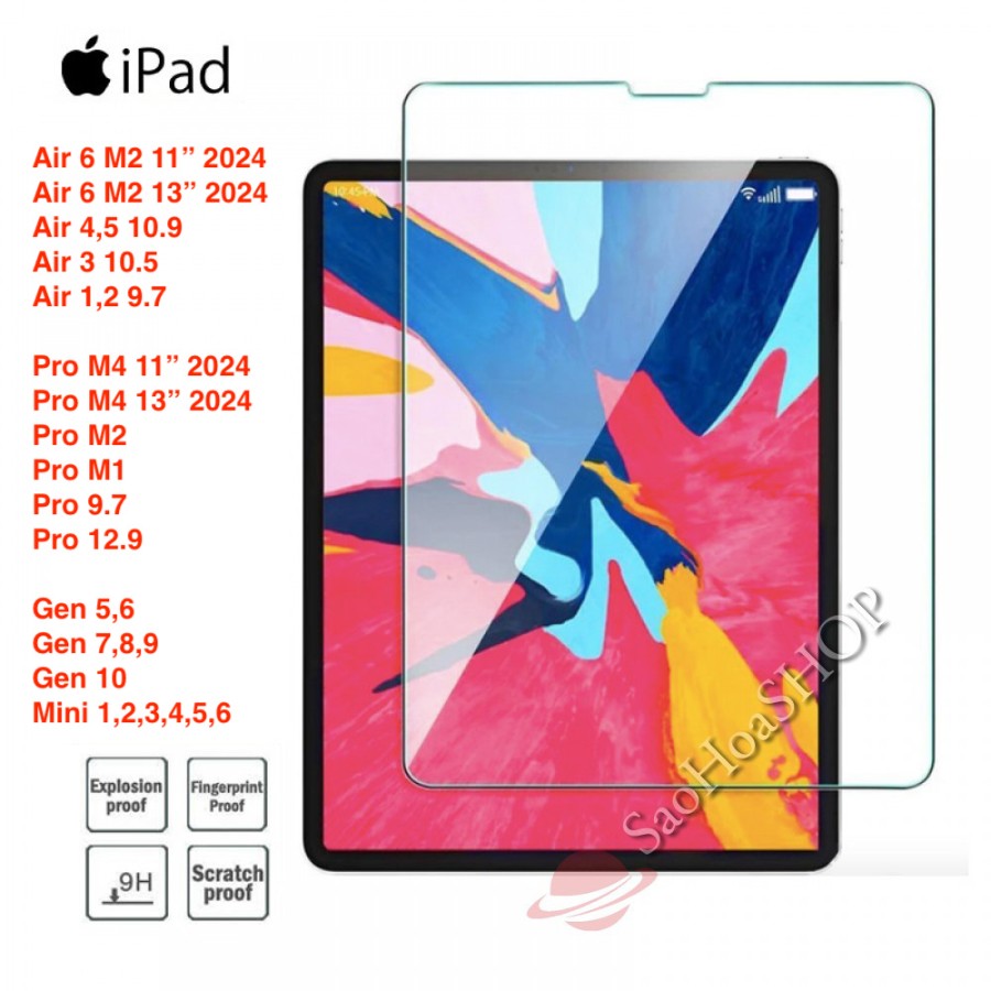 Kính cường lực cho iPad Air,Pro,Mini,9.7,10.2,10.5,11,10.9, Mini 1,2,3,4,5,6 (Trong suốt) (CLMTB)