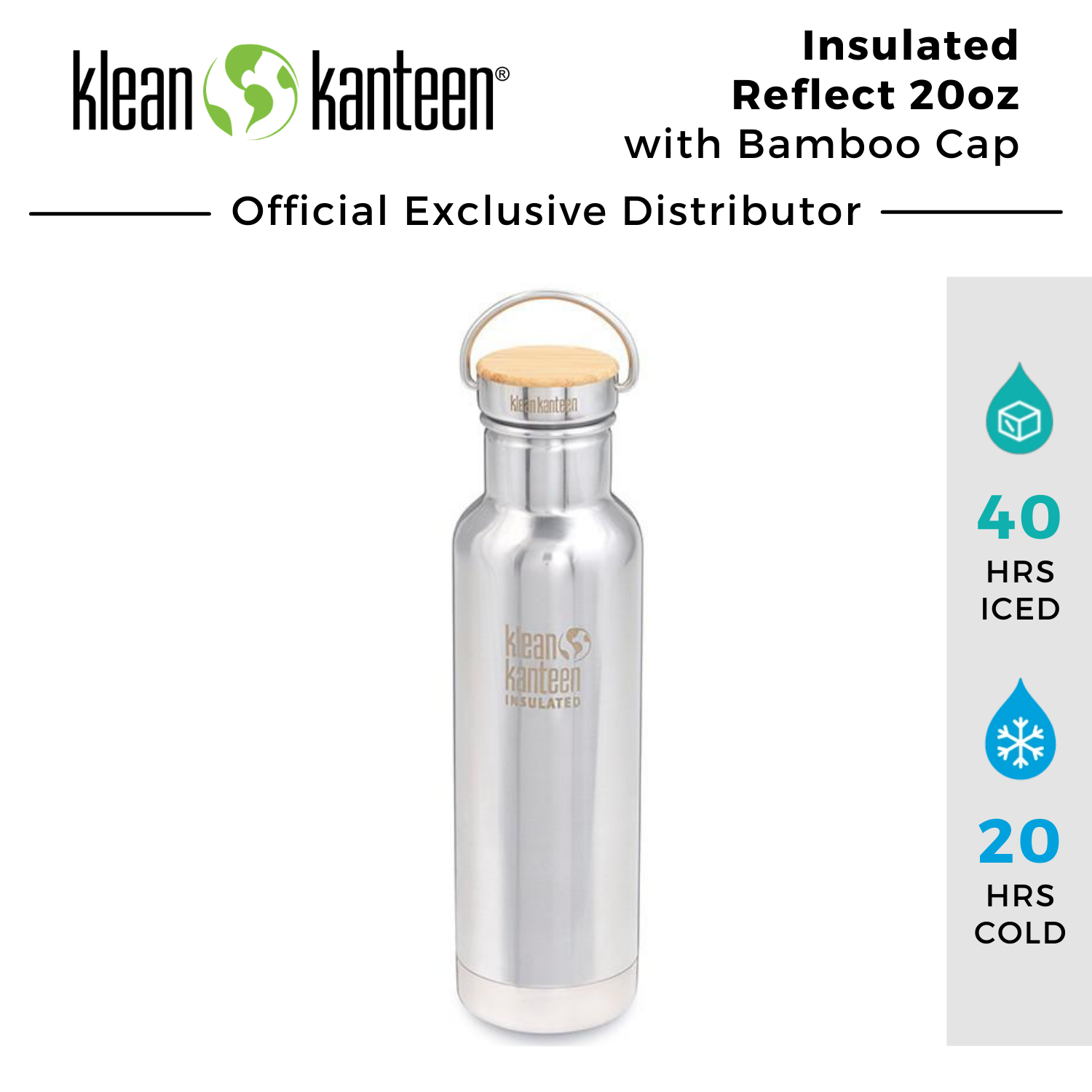 Klean Kanteen Reflect 20 oz Insulated Bottle with Bamboo Loop Cap 