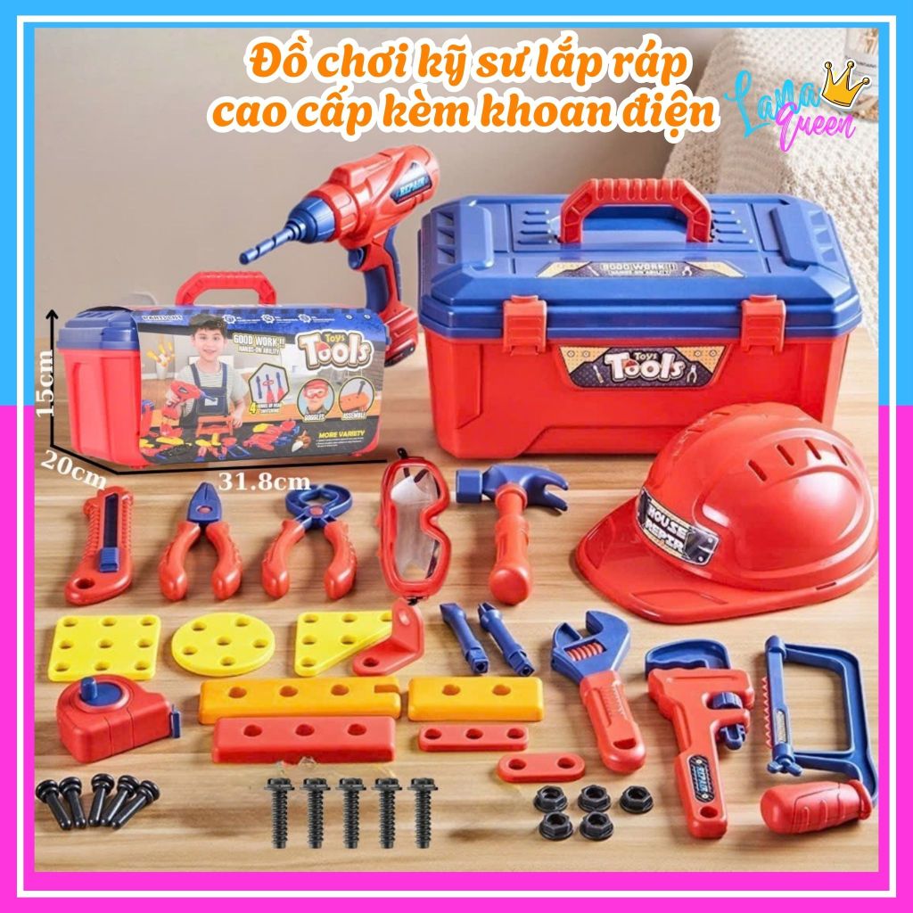 Bộ đồ chơi kĩ sư lắp ráp cao cấp 38 chi tiết kèm khoan điện, mũ, kính mắt cao cấp giá rẻ, đồ chơi lắp ghép thông minh