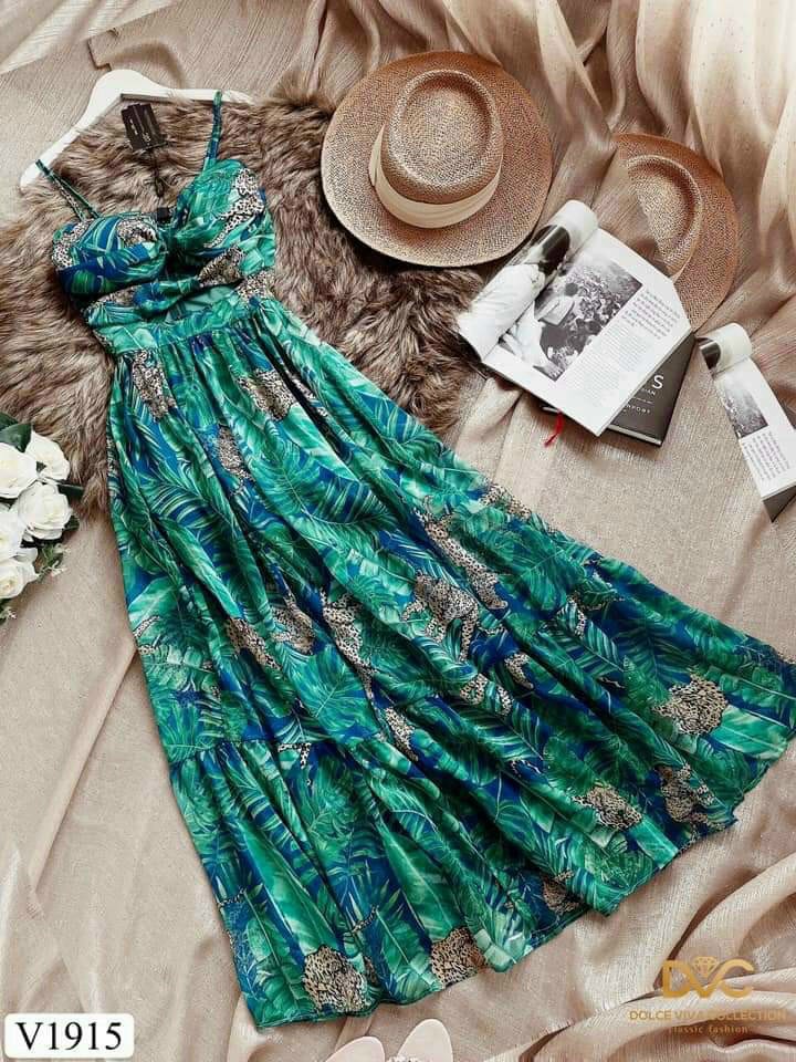 Đầm voan hai dây dáng dài maxi màu xanh lá chất voan lót hai lớp siêu đẹp m009266