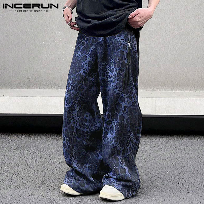 INCERUN Mens Street Style Leopard Print Loose Trousers Side Zipper