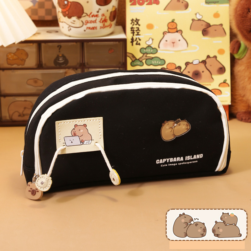 Capibala Pen Bag Multi functional Canvas Three Layer Large Capacity Pen Bag Cute and Creative Student Stationery Bag Pencil Bag