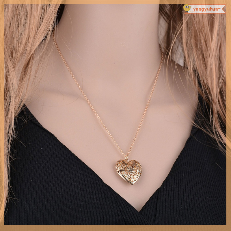 Yangyuhua Hollow Heart Shape Pendant Necklace Openable Locket Necklaces Women Jewelry Gift