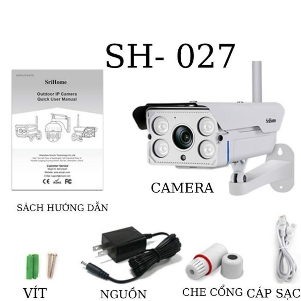 Camera ip wifi ngoài trời không dây Srihome Sh027 - Tùy chọn thẻ 128Gb, bảo hành 2 năm- Camera giám sát cảnh báo chuyển động có tiếng , Chống nước IP67 - Camera ngoài trời vỏ thép , Camera wifi yoosee