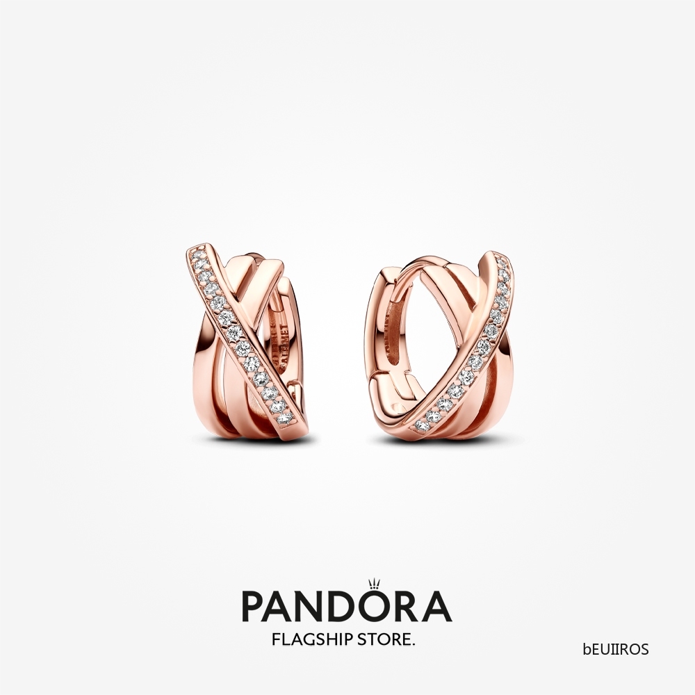 2024 Pandora 14K Rose Gold Plated Crossover Pavé Hoop Earrings