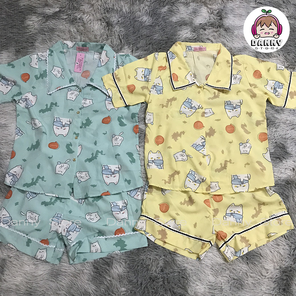 Đồ bộ Pijama ngắn, Đồ bộ lụa Mango họa tiết dễ thương cho nữ