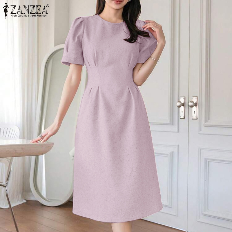 ZANZEA%20Korean%20Style%20Women%20Formal%20Office%20Plain%20Crew%20Neck%20Dresses%20Puff%20Sleeve%20Midi%20Dress%20#0609%20-%20Image%203