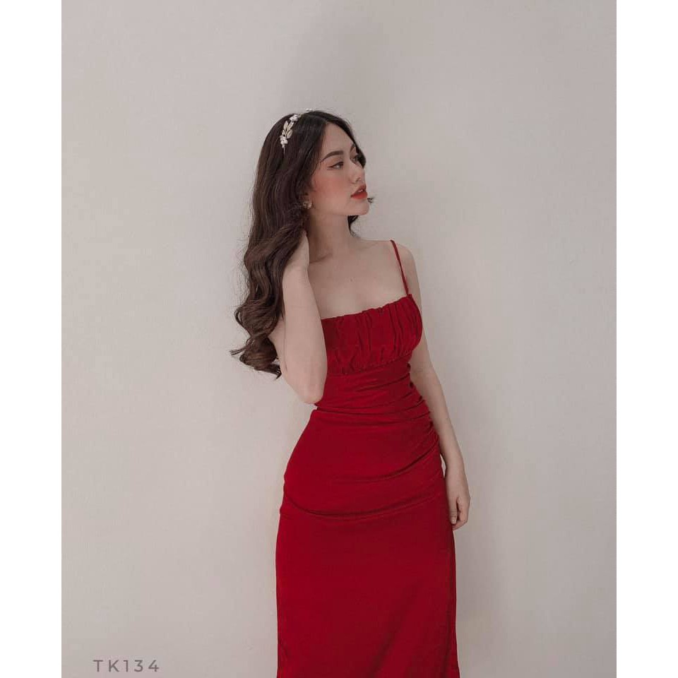 Đầm Hai Dây Lụa Xẻ Tà Đi Tiệc Màu Đỏ