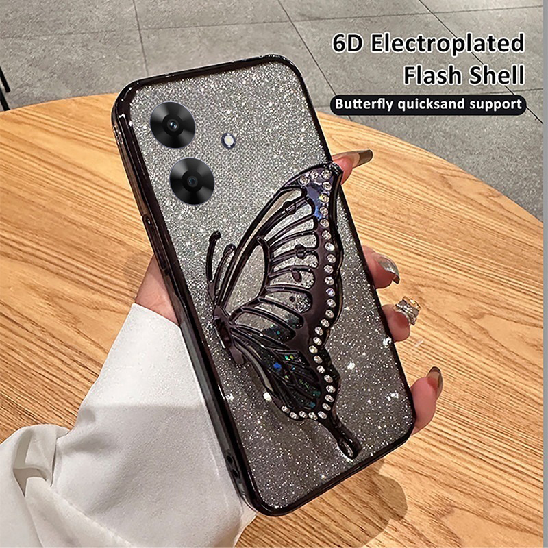 For Realme C61 C63 Note 60 Note 50 Case Diamonds butterfly holder shiny hourglass of quicksand transparent soft silicone for Realme Note 50 Note 60 C63 C61 Back Cover. 