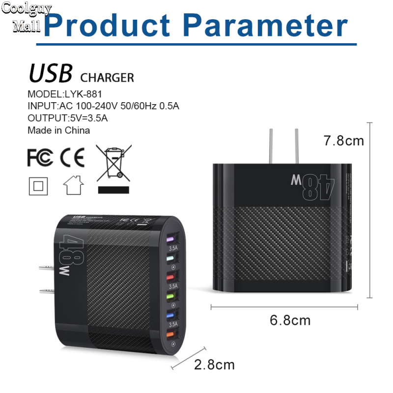 USB Wall Charger 48W 6-Port Fast Charging Block Adapter Plug Compatible For IPhone Android Tablet PC Mobile Phone