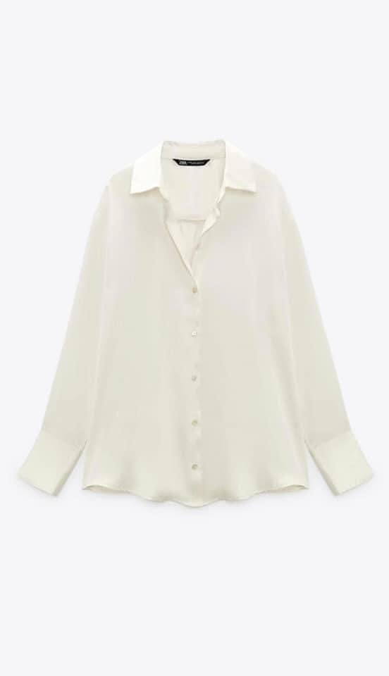 Áo sơ mi nữ dài tay lụa bóng cổ đức vạt tròn ZARA