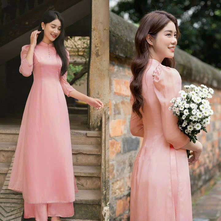 Set bộ áo dài lụa 4 tà nàng thơ cao cấp phối nút bọc có size to by2131