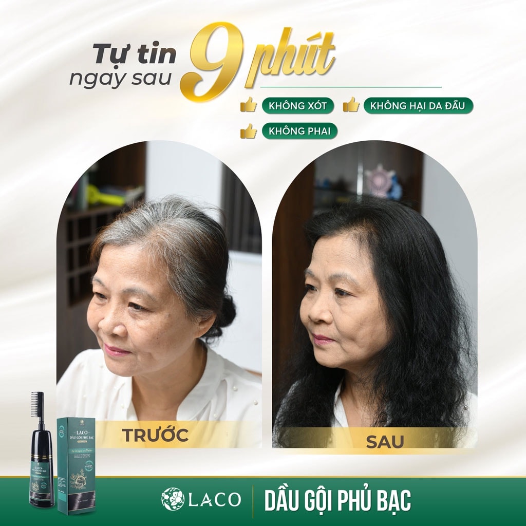 Dầu Gội Phủ Bạc Laco, Làm Đen Tóc chỉ sau 9 phút