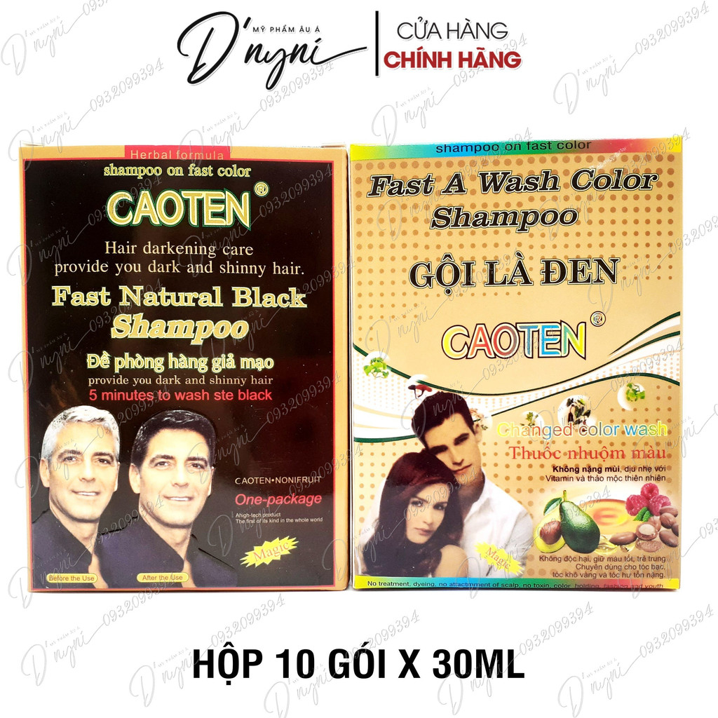 (HỘP 10 GÓI) Dầu Gội Nhuộm Đen Tóc CAOTEN 30ml Gội Là Đen