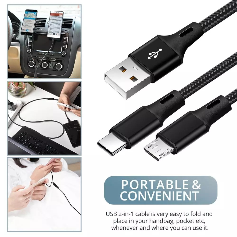 RAFT 1.25m 2 in 1 Type C Cables Charging Wire Micro USB Y Splitter Fast Charge Cable Phone Charge Cord Charger Cable