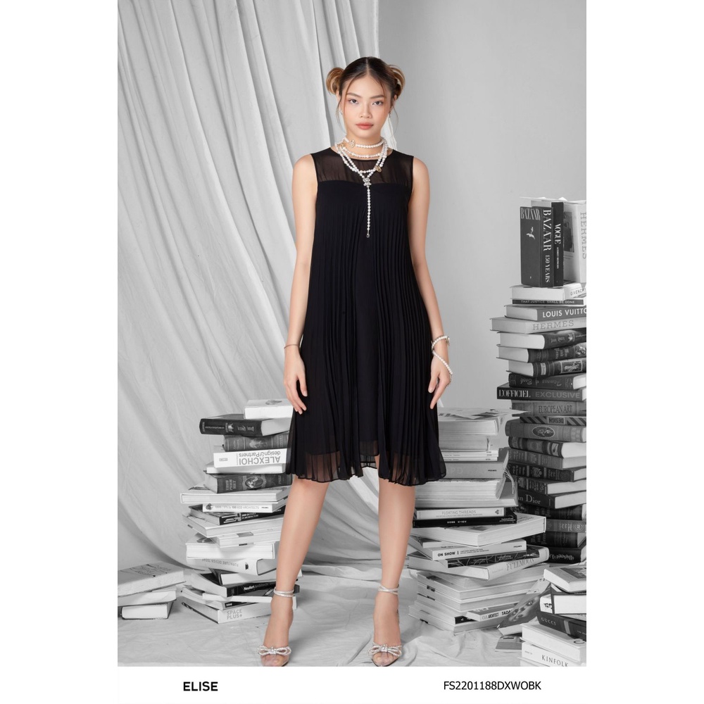 Đầm maxi chiffon đen dập ly thiết kế elise fs2201188dxwobk