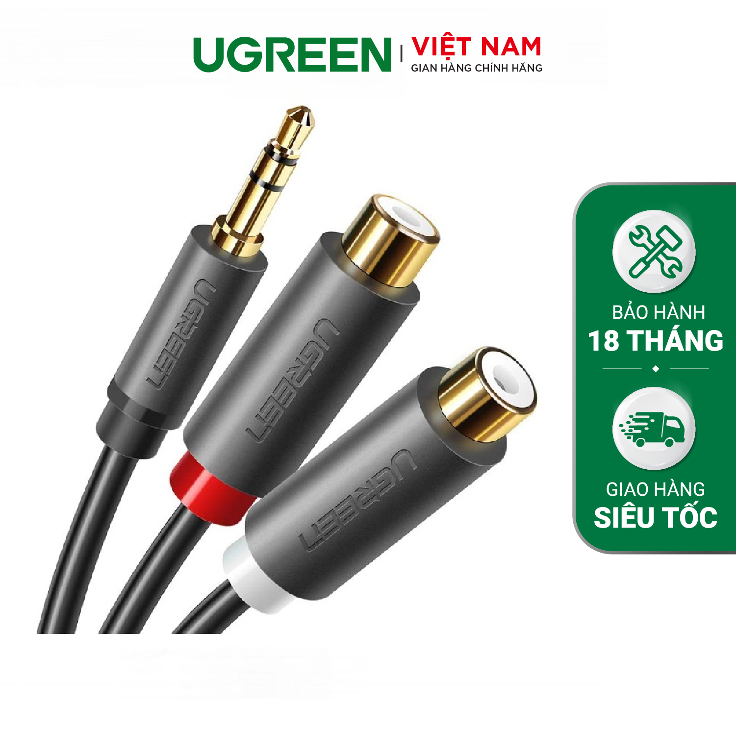 Cáp âm thanh chuyển jack 3.5mm sang 2 đầu hoa sen RCA dài 20CM UGREEN 10547 (màu đen)