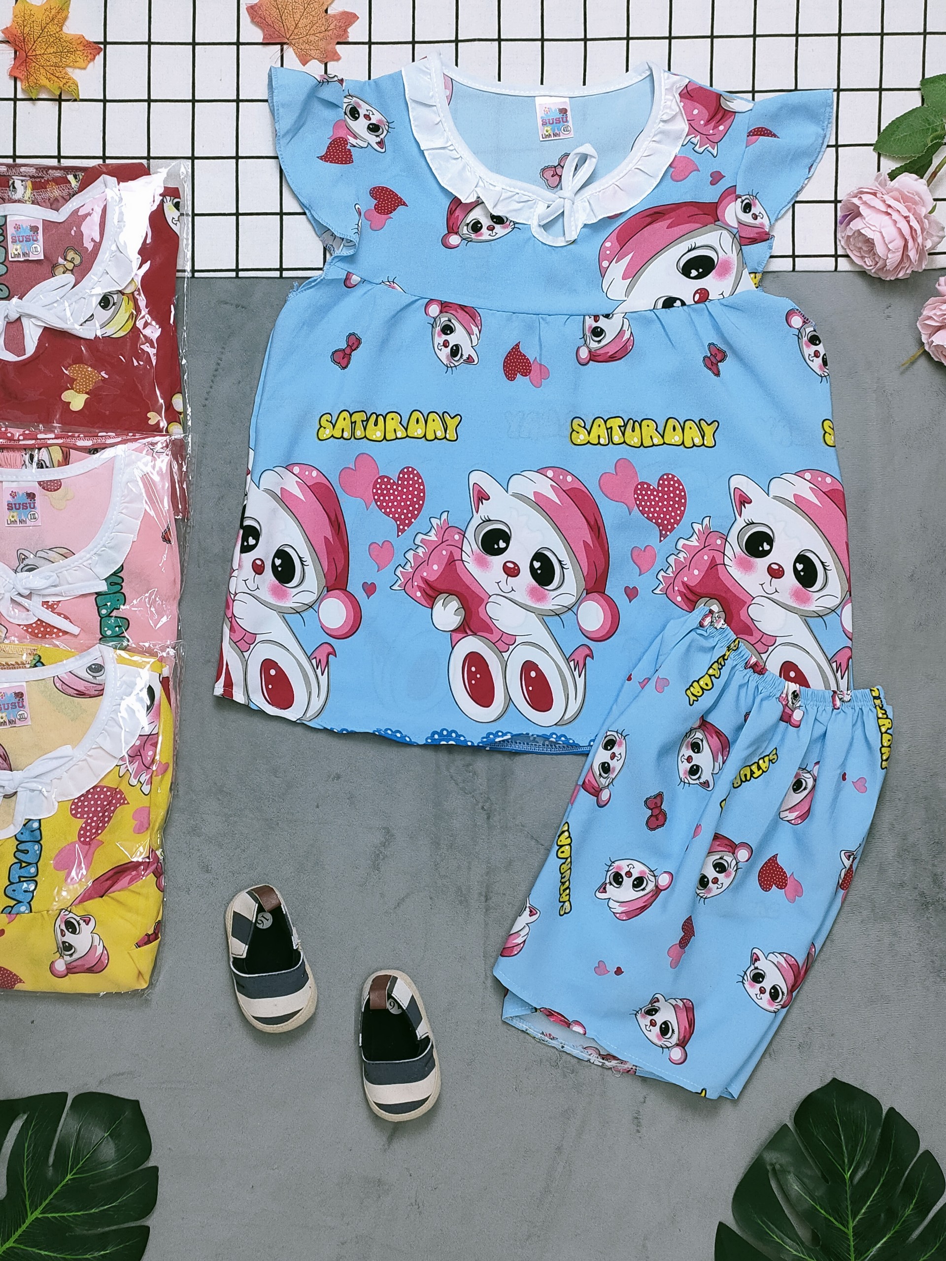 ( 3 bộ 3 màu 3 họa tiết khác nhau) Combo 3 bộ lụa tay cánh tiên bé (6-18kg)