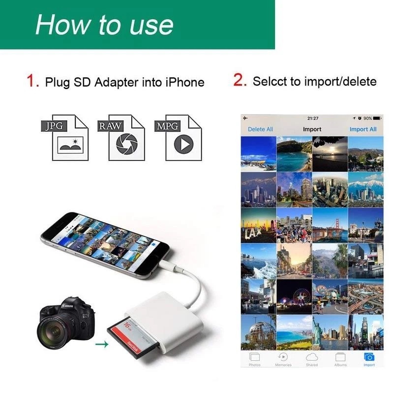 Đầu đọc thẻ nhớ máy ảnh SD SDXC cho điện thoại Iphone, Ipad