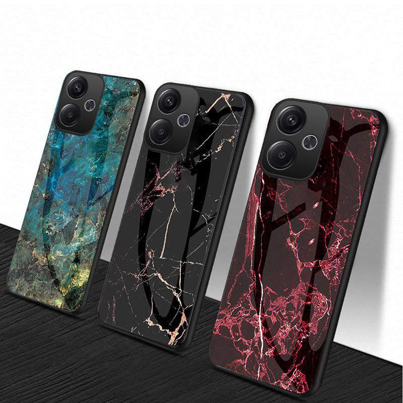 For Xiaomi Poco M6 Case Fashion Marble Tempered Glass Protector Soft Frame Silicon For Xiaomi Poco M6 4G Back Cover Phone Cases