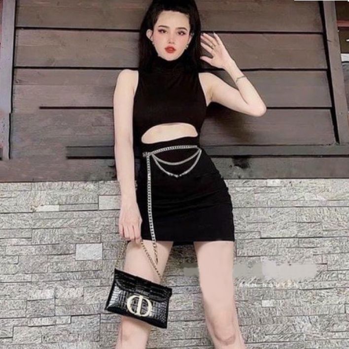 [HCM]Đầm body 3 lỗ phối xích eo chất vải thun Borip