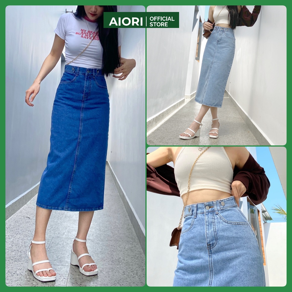 Chân Váy Jean Denim AIORI Thiết Kế Midi Dài Xẻ Tà Lưng Cao Dáng Chữ A Cạp Cao Thời Trang_Mã V005